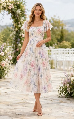 Vestido midi de invitada con escote cuadrado y mangas abullonadas en acuarela pastel