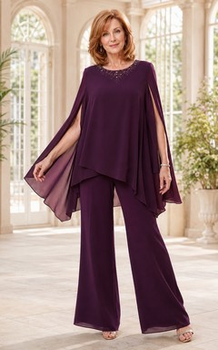 Plum Chiffon Bat-Sleeve Two-Piece Jumpsuit Wide-Leg Mother Suit