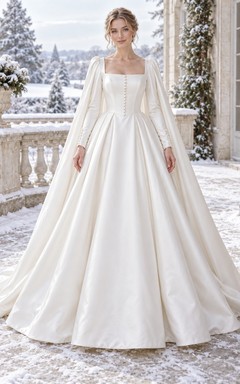 Vestido de novia sencillo de satén con cuello cuadrado, manga larga y botones, estilo princesa de invierno.
