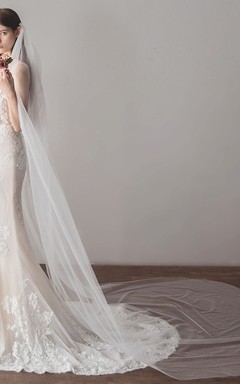 Simple Style White Tulle Cathedral Bridal Veil
