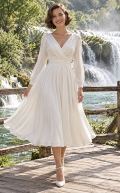 Vestido de novia sencillo de estilo vintage, largo hasta la rodilla, manga larga, escote en V, gasa, fruncido, corte en A