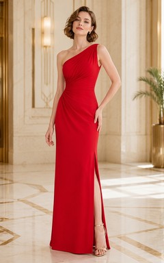 Red Sexy Modern One-Shoulder Sleeveless Satin Front-Slit Sheath Floor-Length Evening Dress