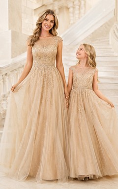 Champagne Mother-Daughter Tulle Cap-Sleeve A-Line Ball Gown Dress