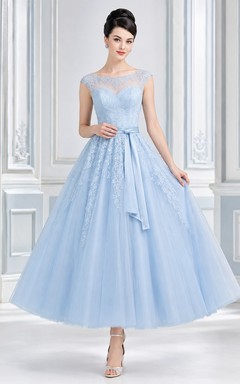 Sky Blue Vintage 1950s Square Neck Short Sleeve Tulle A-Line Gown Dress