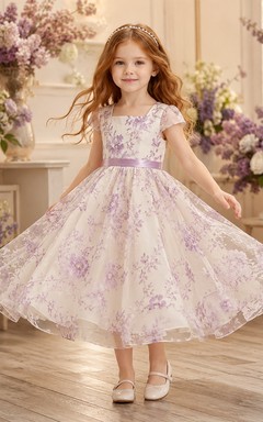 Robe de demoiselle d'honneur en organza à fleurs lavande, col carré, manches courtes, longueur genou, coupe trapèze