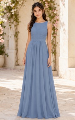 Stahlblaues Brautjungfernkleid für junge Damen, A-Linie, ärmellos, mit Schmucksteinen besetzt und plissiert