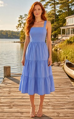 Sky blue tiered strap lake house party midi dress