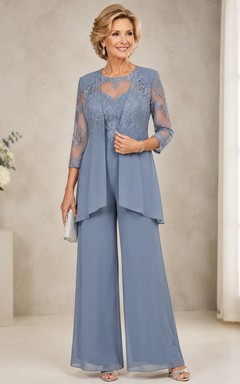 Steel Blue Lace Jacket Mother Pantsuit Steel Blue Scoop Jewel Jumpsuit Ankle-length