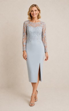 MOB Dress Sky Blue Lace Stretch Satin Sheath Long Sleeve Bateau Neck Knee Length with Slit