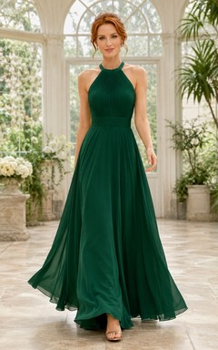 Emerald Halter Chiffon A-Line Floor-length Flowing Formal Evening Gown