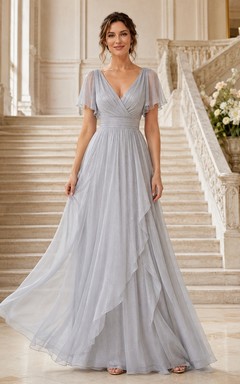 Steel Grey V-Neck Short Sleeve Chiffon A-Line Floor-Length Bridesmaid Dress