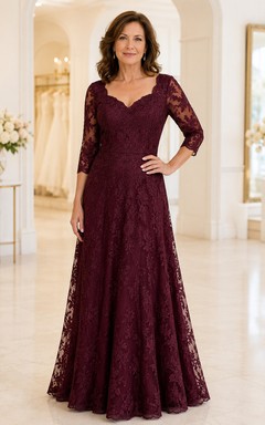 Burgunderfarbenes A-Linien-Kleid aus Spitze mit V-Ausschnitt und Dreiviertelärmeln