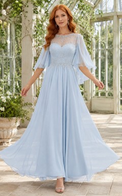 Sky Blue Chiffon Off-the-shoulder Half Sleeve A-Line Floor-length Romantic Formal Gown
