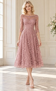 Tea-length Dusty Rose Bateau Three-Quarter Lace Wedding Guest Dress