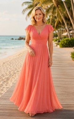 Korallenfarbenes Chiffon-Kleid in A-Linie mit V-Ausschnitt und Volantärmeln