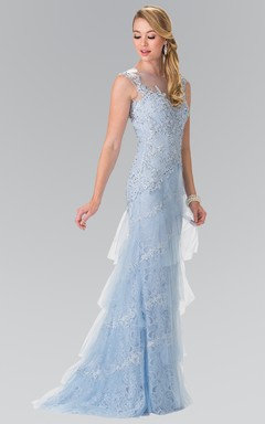 Sheath Maxi Scoop-Neck Sleeveless Tulle Lace Low-V Back Dress With Beading And Tiers