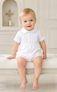 White Pintuck Peter Pan Collar Short Sleeve Christening Bubble Romper for Baby Boy