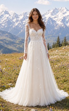 Brautkleid im Landhausstil mit Spitze, A-Linie, herzförmigem Schnitt, langen Ärmeln, Schleppe und tiefem V-Ausschnitt am Rücken
