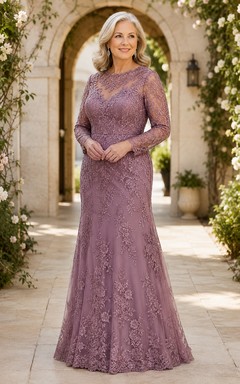 Mauvefarbenes Meerjungfrauen-Kleid mit langen Ärmeln aus Spitze