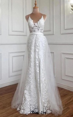 Vestido de fiesta moderno de encaje, largo hasta el suelo, sin mangas, corte en A, espalda descubierta y fajín.