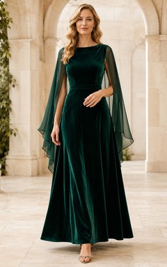 Dark Green High Neck Velvet Cape Formal Guest Dress