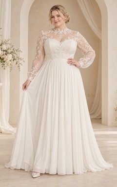 Vestido de novia modesto de gasa de encaje con cuello alto y manga larga, corte en A y espalda ilusión.