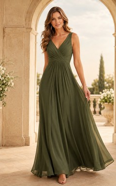 Dark-Green Boho V-Neck Sleeveless Chiffon A-Line Floor-Length Elegant Dress