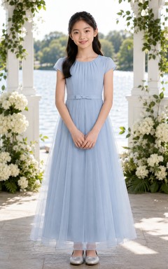 Vestido de dama de honor juvenil azul cielo, corte en A, manga corta, largo hasta los tobillos, gasa elegante
