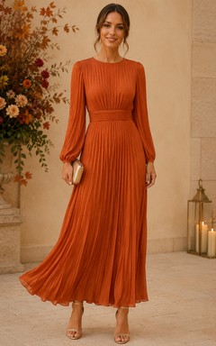 Robe orange plissée à manches longues en mousseline, longueur thé