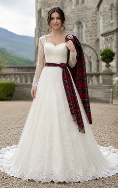 Traditionelles schottisches Highland-Tartan-Brautkleid mit langen Ärmeln, Rundhalsausschnitt, Spitze und A-Linien-Schnitt