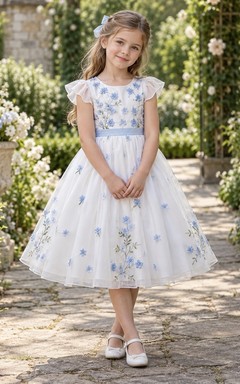 Tea-length Ivory Blue Floral Flutter Sleeve Tulle Bow Flower Girl Dress