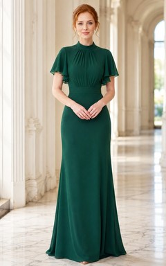 Dark Green Flutter Sleeve High Neck Ruched Sheath Floor-length Formal Dress