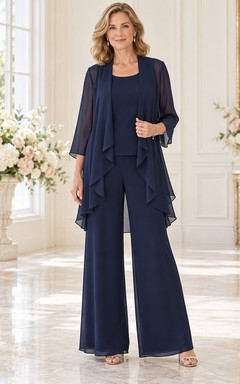 Dark Navy Sheer Waterfall Jacket Wide Leg Mother Wedding Pantsuit