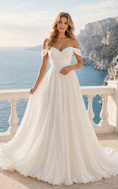 Beach Chiffon Tulle Wedding Dress A-Line Off Shoulder Sweep Train Bridal Gown