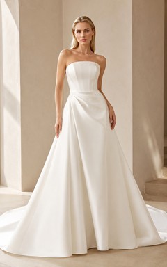 Trägerloses Brautkleid aus Satin mit Schleife, A-Linie, modernem Faltenrock und Kapellenschleppe