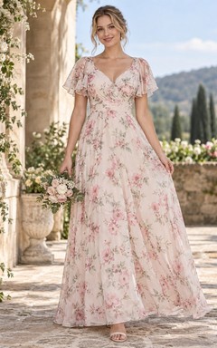 Vestido de dama de honor de gasa color rosa rubor con estampado floral, mangas suaves con volantes, escote en V y largo hasta el suelo, corte en A.