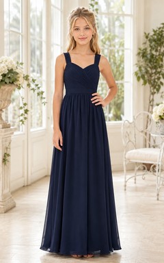 Dunkelblaues Brautjungfernkleid für junge Frauen, A-Linie, ärmellos, Chiffon, Schleifendetail, romantisch