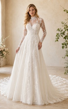 Vestido de novia modesto de encaje con cuello alto y mangas largas y estampado floral, corte en A.