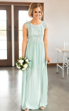 Chiffon Scoop-neck Cap-sleeve Long Bridesmaid Dress with Applique