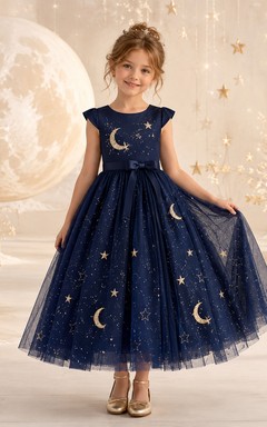 Flower Girl Dress A-Line Navy Moon Star Tulle Cap Sleeve Formal Party