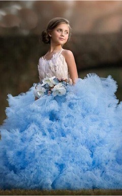Tulle Spaghetti Cross Back Sash Bow Ball Gown Flower Girl Bridal Dress