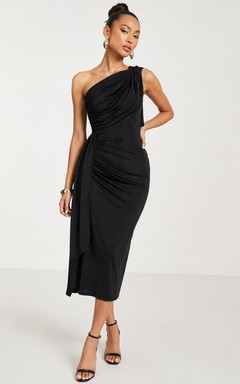 Black One-Shoulder Draped Tea-Length Cocktail Dress