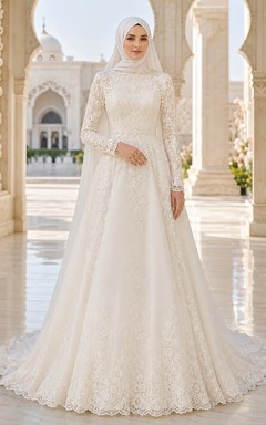 Robe de mariée musulmane hijab à manches longues en dentelle, style bal, robe de bal