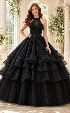 Black Quinceanera Tiered Ball Gown Halter Lace Sleeveless Floor-length Romantic Dress