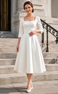 Vintage Teelänge, eckiger Ausschnitt, Dreiviertelärmel, schlichtes Satin-A-Linien-Brautkleid für standesamtliche Trauungen