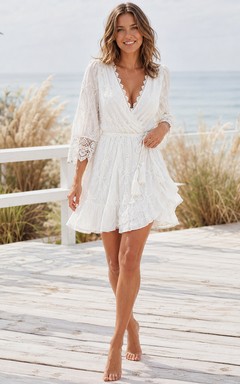 Bohemian Short V-Neck Three-Quarter Tiered Chiffon Beach Casual Wedding Dress