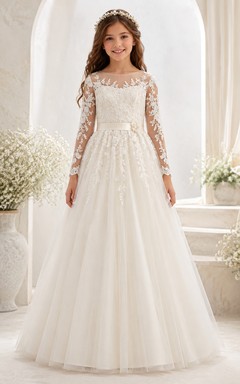 Long Sleeve Lace Illusion White Tulle First Communion Dress