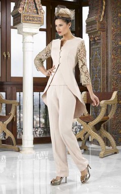 Vestido de gasa con escote redondo, manga larga y capa para la madre de la novia