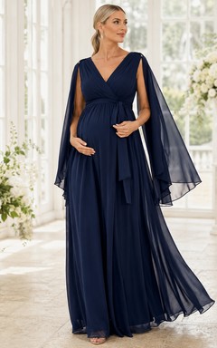 Dark Navy V Neck Cape Sleeve Chiffon Empire Floor Maternity Guest Gown