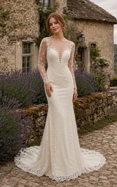 Plunging Neck Vintage Lace Sheath Cottage Garden Wedding Dress